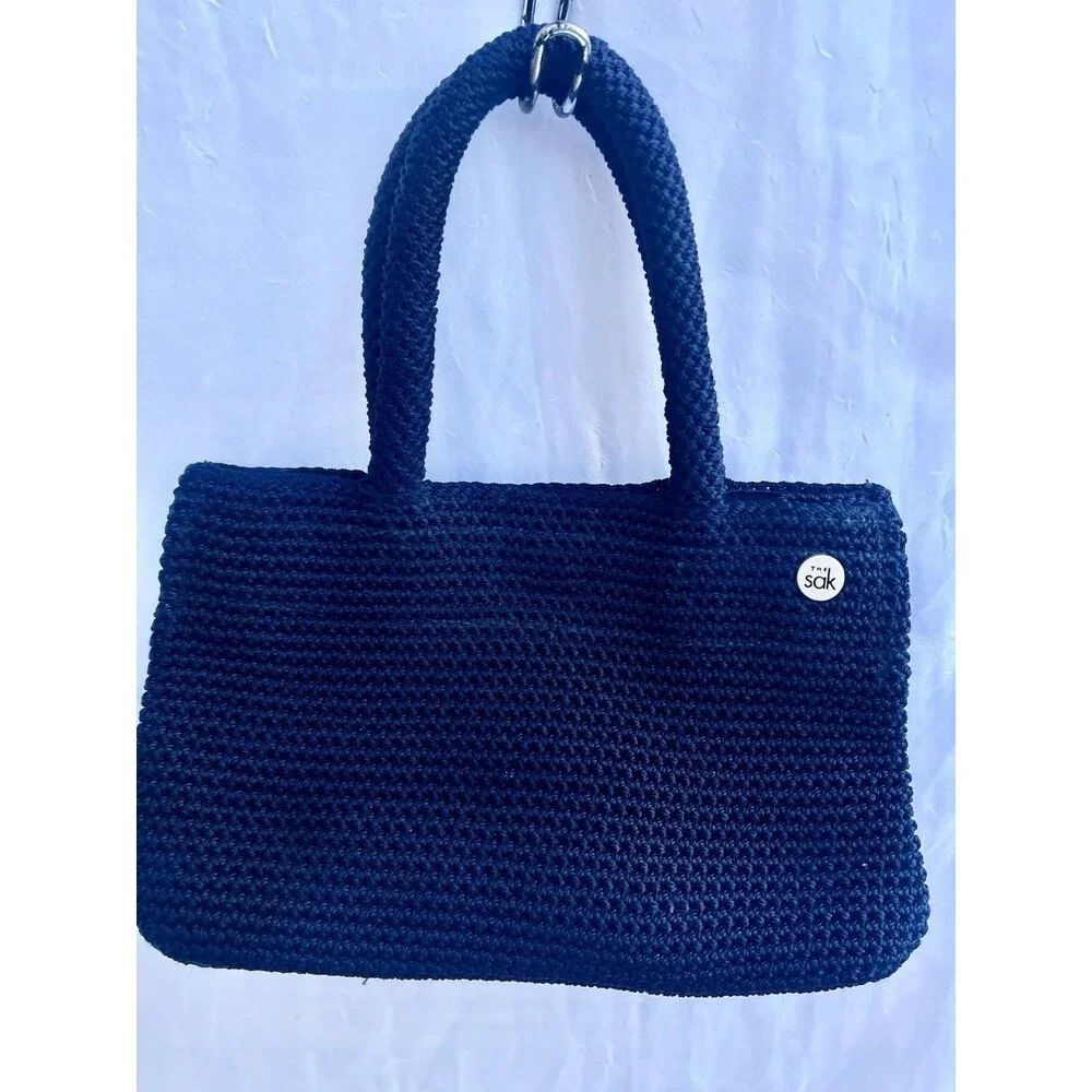 The Sak Navy Blue Crochet Zip Top Shoulder Bag Purse Casual Granny Grandma Core